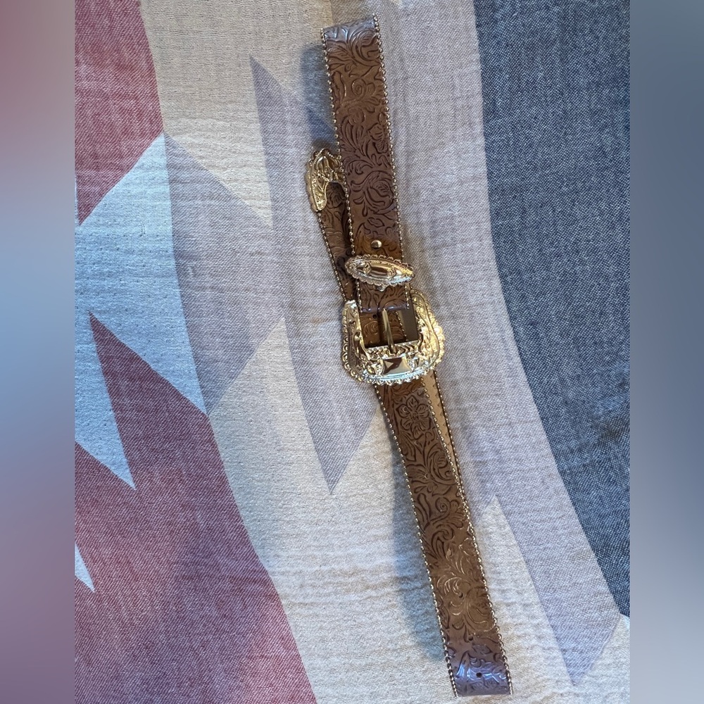 Western Brown Embellished Leather Belt with Gold Buckle (large to XL)
